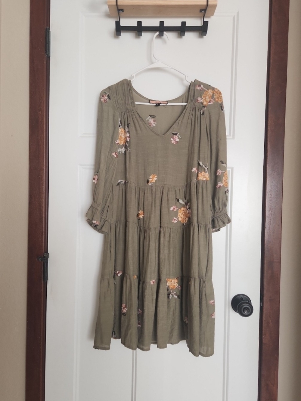 Olive Floral Tiered Long Sleeve Dress